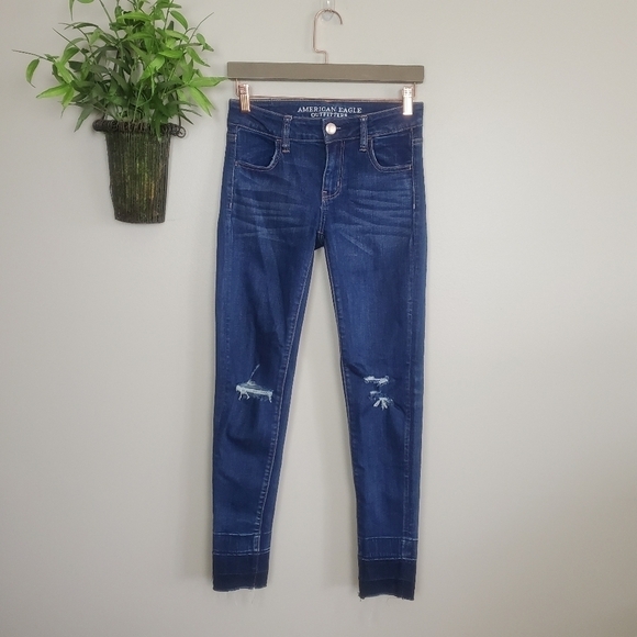 AE 0 Jegging Skinny Distressed Frayed Raw Hem Stretch Jeans American Eagle Y2K - Picture 1 of 14
